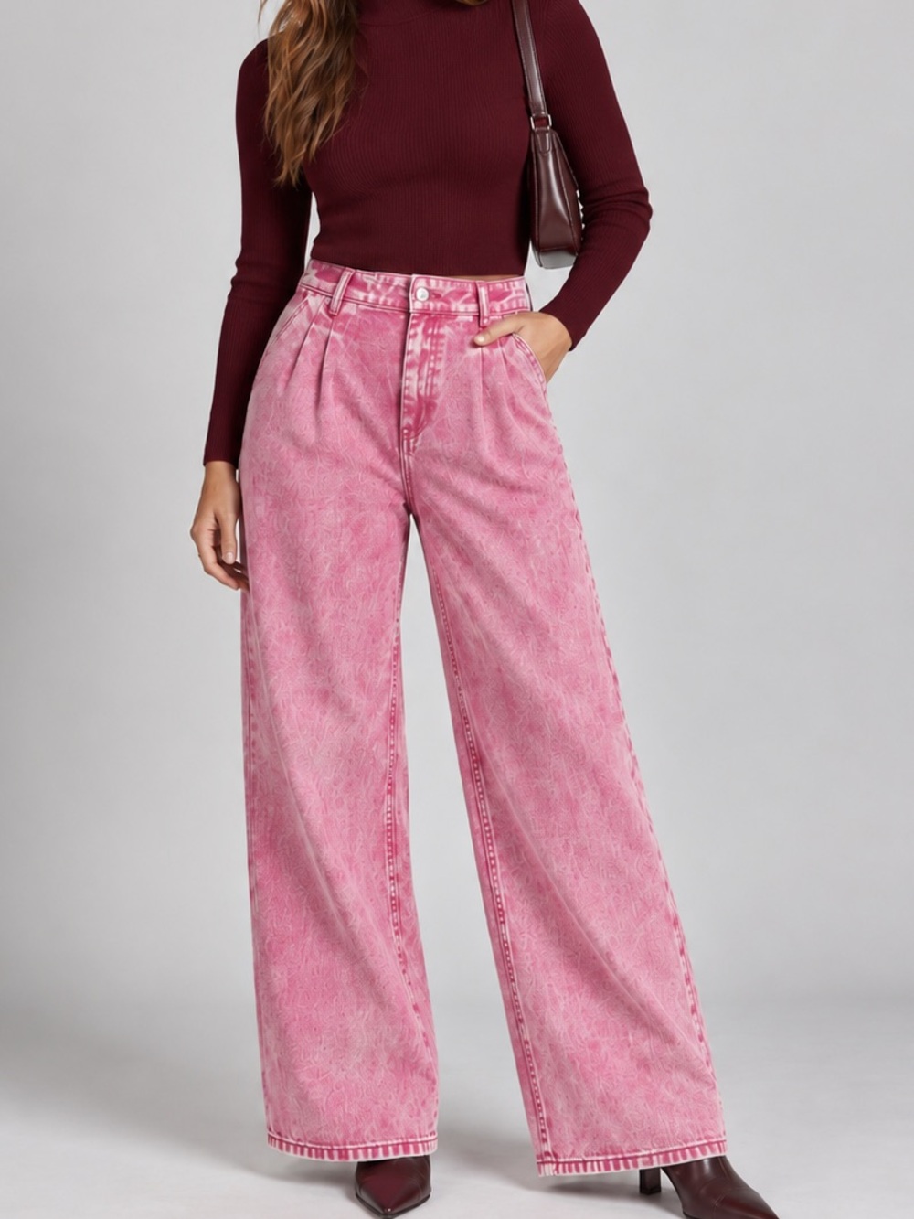 Avec Les Filles Pink Acid Wash Pleated Wide Leg Jeans High Rise Statement Scandi